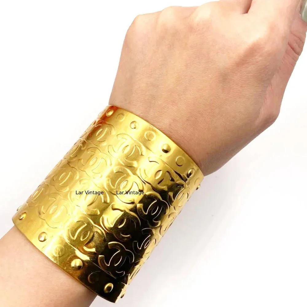 Chanel Vintage Rare Gold Plated CCs Thick Cuff Bracelet